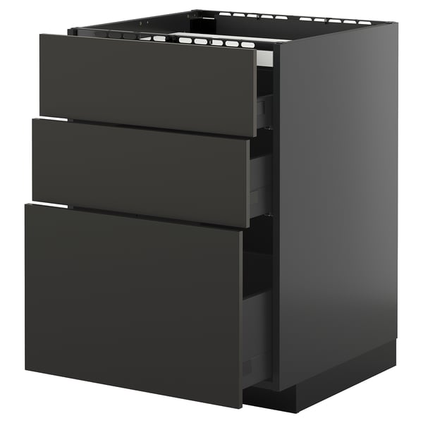 METOD / KNIVSHULT base cab f hob/3 fronts/3 drawers, black-grey/Nickebo matt anthracite, 60x60 cm