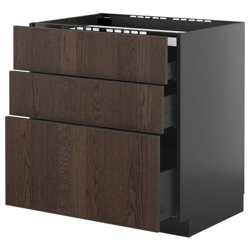 METOD / KNIVSHULT - METOD / KNIVSHULT Base cab f hob/3 fronts/3 drawers, black-grey/Sinarp brown, 80x60 cm