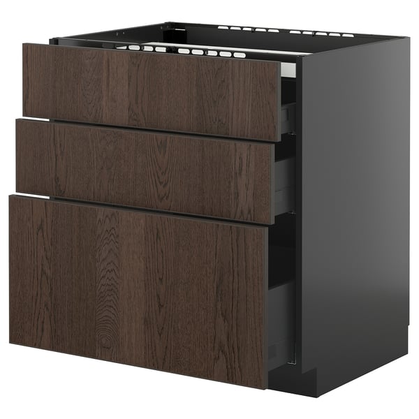 METOD / KNIVSHULT - METOD / KNIVSHULT Base cab f hob/3 fronts/3 drawers, black-grey/Sinarp brown, 80x60 cm