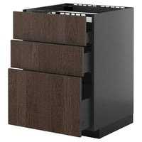 METOD / KNIVSHULT base cab f hob/3 fronts/3 drawers, black-grey/Sinarp brown, 60x60 cm