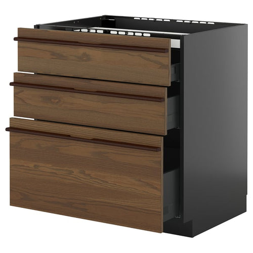 METOD / KNIVSHULT - METOD / KNIVSHULT Base cab f hob/3 fronts/3 drawers, black-grey/Stensta dark brown ash veneer, 80x60 cm