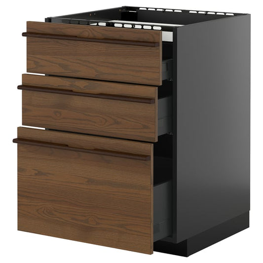 METOD / KNIVSHULT - METOD / KNIVSHULT Base cab f hob/3 fronts/3 drawers, black-grey/Stensta dark brown ash veneer, 60x60 cm