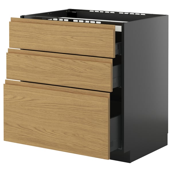 METOD / KNIVSHULT - METOD / KNIVSHULT Base cab f hob/3 fronts/3 drawers, black-grey/Voxtorp oak effect, 80x60 cm