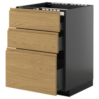 METOD / KNIVSHULT base cab f hob/3 fronts/3 drawers, black-grey/Voxtorp oak effect, 60x60 cm