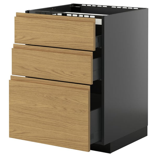 METOD / KNIVSHULT - METOD / KNIVSHULT Base cab f hob/3 fronts/3 drawers, black-grey/Voxtorp oak effect, 60x60 cm
