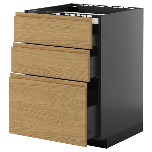 METOD / KNIVSHULT base cab f hob/3 fronts/3 drawers, black-grey/Voxtorp oak effect, 60x60 cm