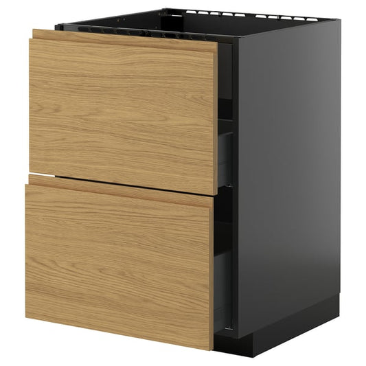 METOD / KNIVSHULT base cab f hob/int extractor w drw, black-grey/Voxtorp oak effect, 60x60 cm