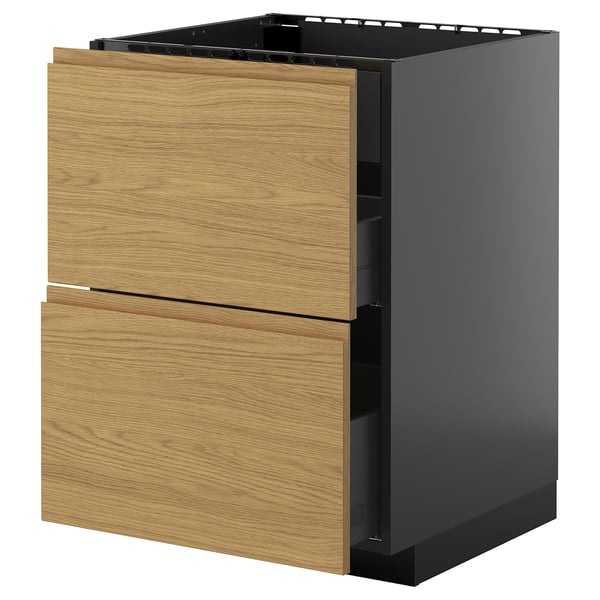 METOD / KNIVSHULT base cab f hob/int extractor w drw, black-grey/Voxtorp oak effect, 60x60 cm