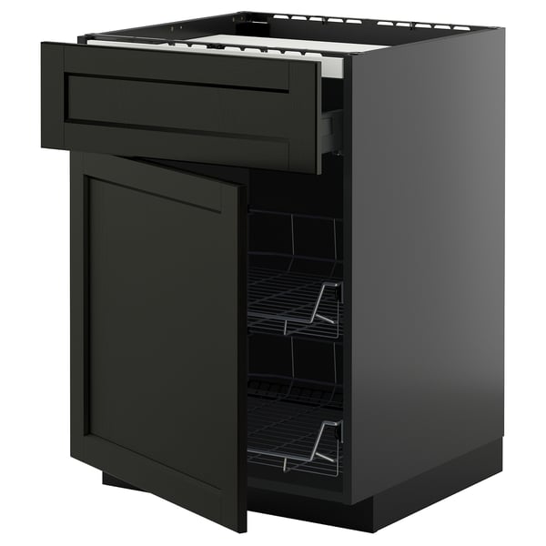 METOD / KNIVSHULT base cab f hob/drawer/2 wire bskts, black-grey/Lerhyttan black stained, 60x60 cm