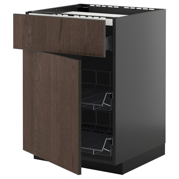 METOD / KNIVSHULT base cab f hob/drawer/2 wire bskts, black-grey/Sinarp brown, 60x60 cm