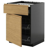 METOD / KNIVSHULT base cab f hob/drawer/2 wire bskts, black-grey/Voxtorp oak effect, 60x60 cm