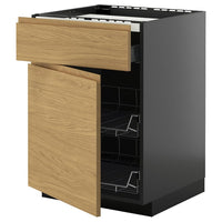 METOD / KNIVSHULT base cab f hob/drawer/2 wire bskts, black-grey/Voxtorp oak effect, 60x60 cm