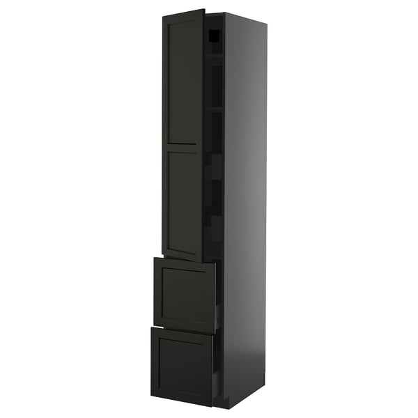 METOD / KNIVSHULT hi cab w shlvs/4 drawers/dr/2 frnts, black-grey/Lerhyttan black stained, 40x60x220 cm
