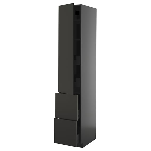 METOD / KNIVSHULT hi cab w shlvs/4 drawers/dr/2 frnts, black-grey/Nickebo matt anthracite, 40x60x220 cm
