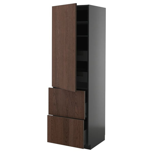 METOD / KNIVSHULT - METOD / KNIVSHULT Hi cab w shlvs/4 drawers/dr/2 frnts, black-grey/Sinarp brown, 60x60x200 cm
