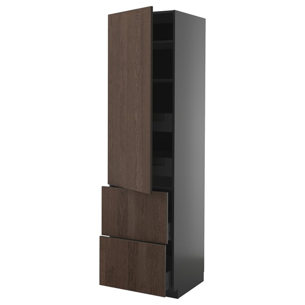 METOD / KNIVSHULT - METOD / KNIVSHULT Hi cab w shlvs/4 drawers/dr/2 frnts, black-grey/Sinarp brown, 60x60x220 cm