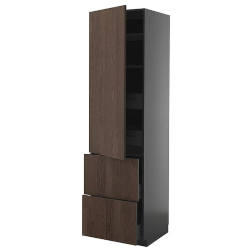METOD / KNIVSHULT - METOD / KNIVSHULT Hi cab w shlvs/4 drawers/dr/2 frnts, black-grey/Sinarp brown, 60x60x220 cm