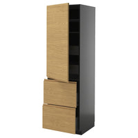 METOD / KNIVSHULT hi cab w shlvs/4 drawers/dr/2 frnts, black-grey/Voxtorp oak effect, 60x60x200 cm