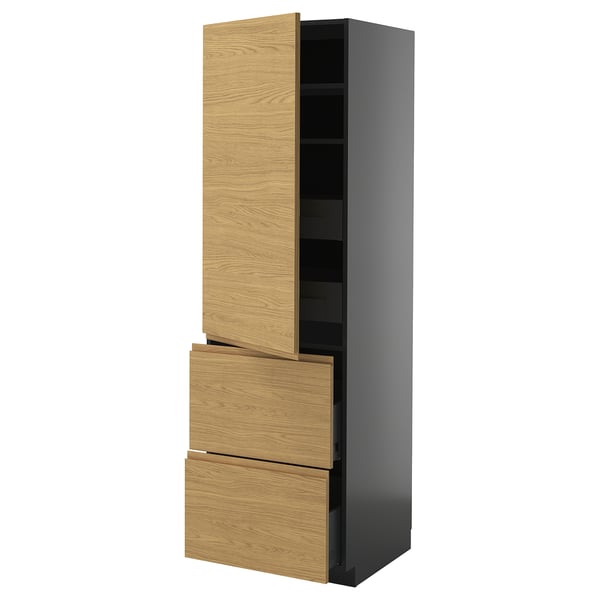METOD / KNIVSHULT hi cab w shlvs/4 drawers/dr/2 frnts, black-grey/Voxtorp oak effect, 60x60x200 cm