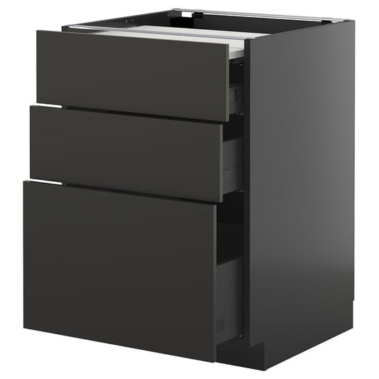 METOD / KNIVSHULT - METOD / KNIVSHULT Bc w pull-out work surface/3drw, black-grey/Nickebo matt anthracite, 60x60 cm