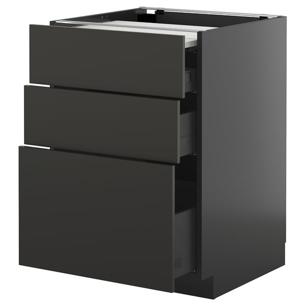 METOD / KNIVSHULT bc w pull-out work surface/3drw, black-grey/Nickebo matt anthracite, 60x60 cm