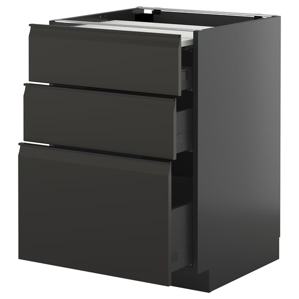 METOD / KNIVSHULT bc w pull-out work surface/3drw, black-grey/Upplöv matt anthracite, 60x60 cm
