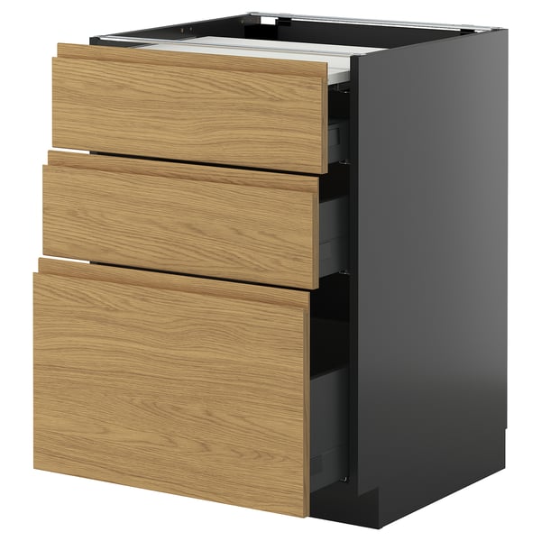 METOD / KNIVSHULT bc w pull-out work surface/3drw, black-grey/Voxtorp oak effect, 60x60 cm