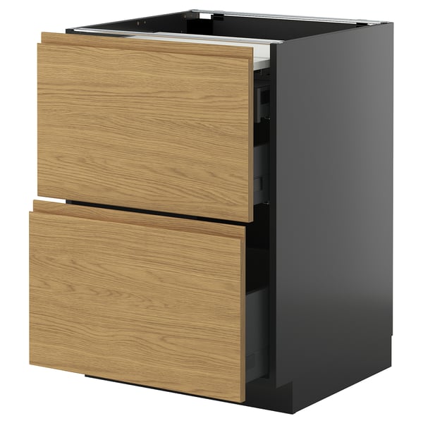 METOD / KNIVSHULT bc w pull-out work surface/3drw, black-grey/Voxtorp oak effect, 60x60 cm