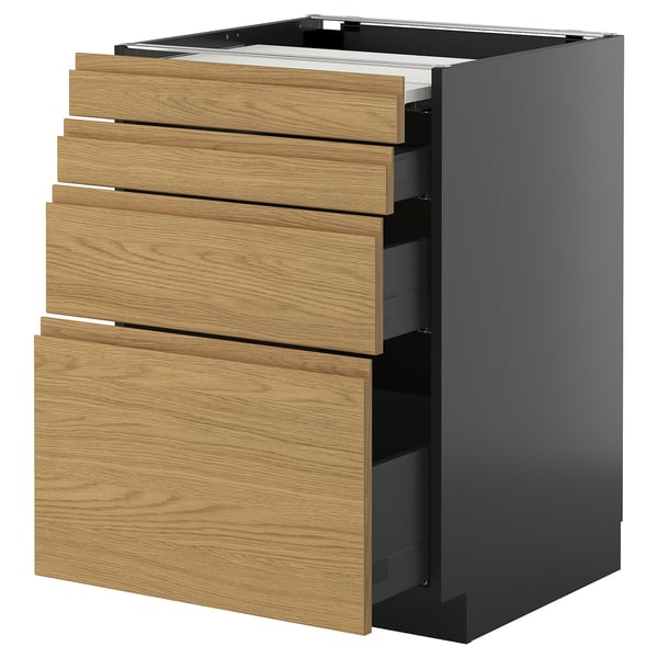 METOD / KNIVSHULT bc w pull-out work surface/3drw, black-grey/Voxtorp oak effect, 60x60 cm