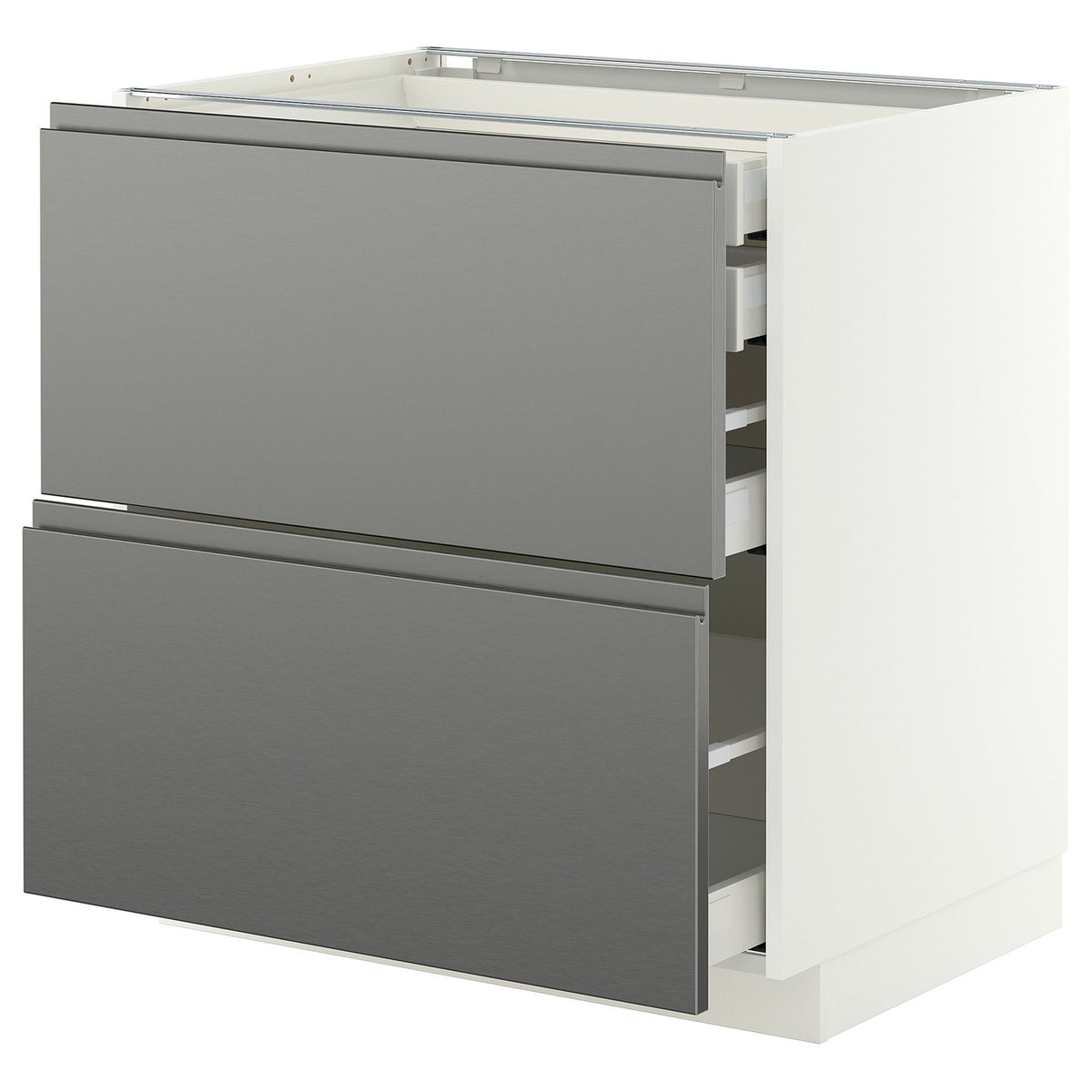 METOD / MAXIMERA base cb 2 frnts/2 low/1 md/1 hi drw, white/Voxtorp stainless steel effect, 80x60 cm
