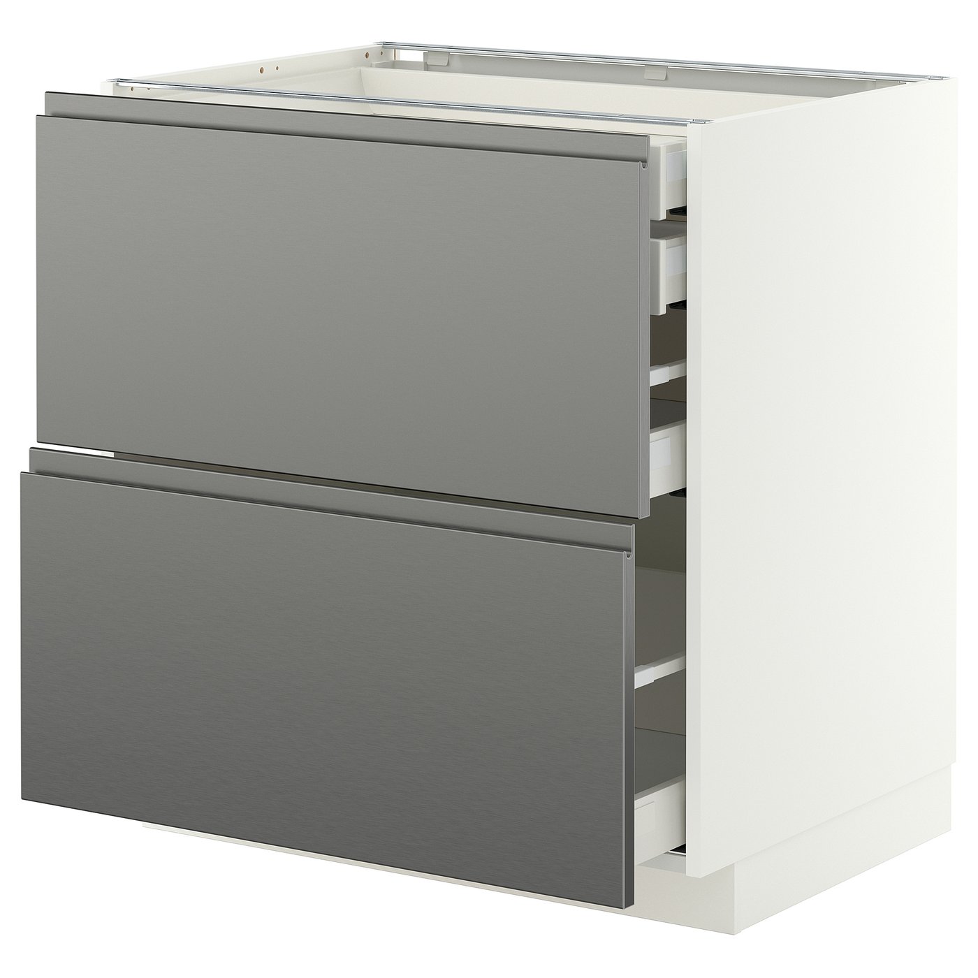 METOD / MAXIMERA base cb 2 frnts/2 low/1 md/1 hi drw, white/Voxtorp stainless steel effect, 80x60 cm