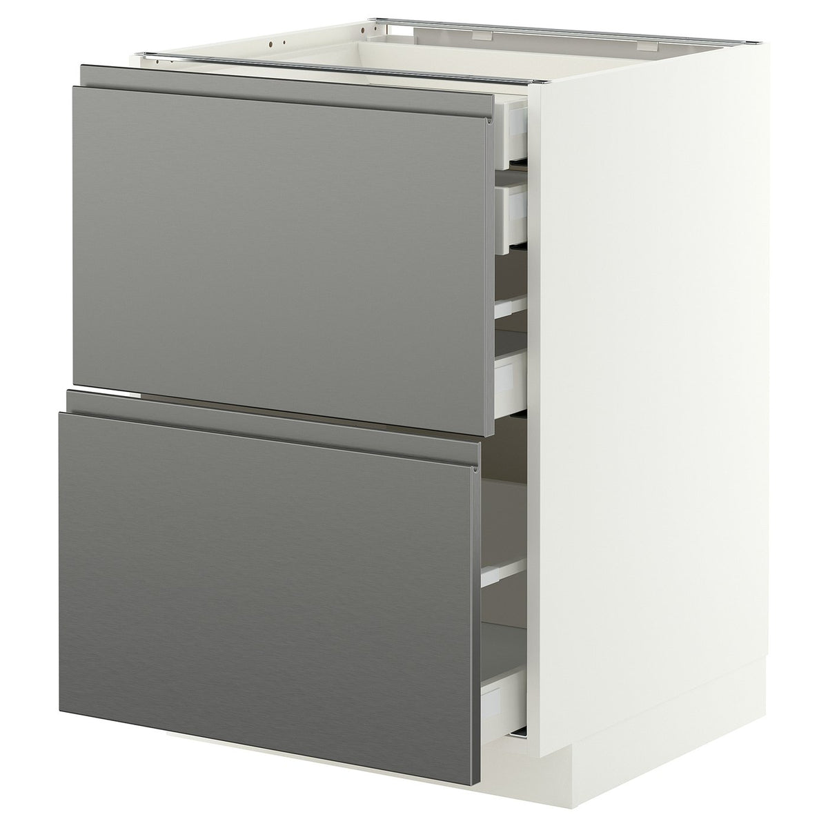 METOD / MAXIMERA base cb 2 frnts/2 low/1 md/1 hi drw, white/Voxtorp stainless steel effect, 60x60 cm