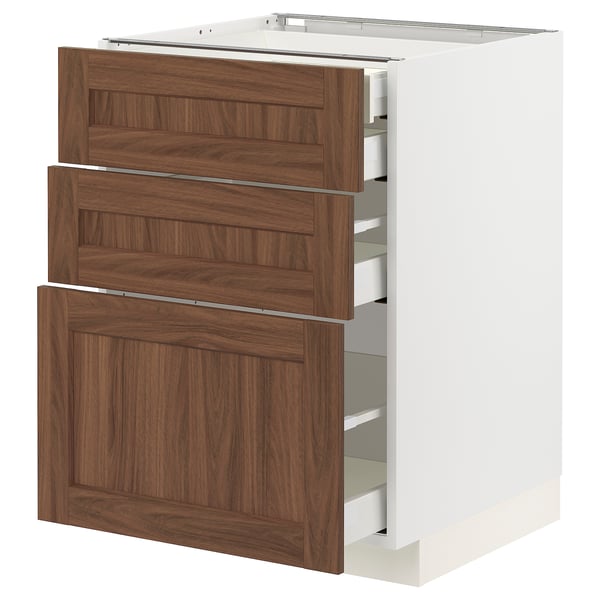 METOD / MAXIMERA - Base cb 3 frnts/2 low/1 md/1 hi drw, white Enköping/brown walnut effect, 60x60 cm