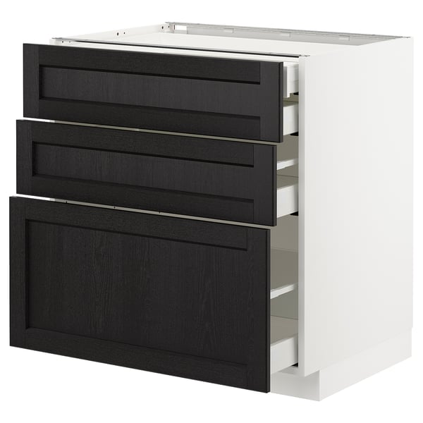 METOD / MAXIMERA - Base cabinet 3 front/2 drawers /1 med/1 high, white/Lerhyttan mordant black,80x60 cm