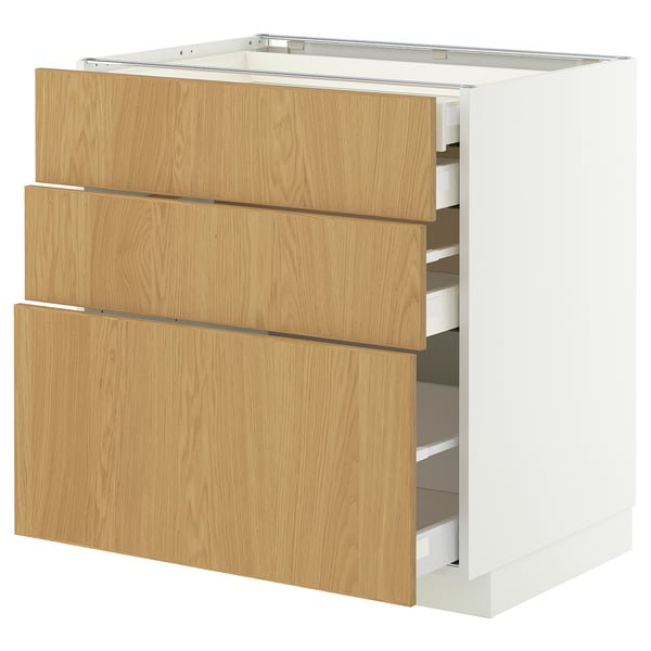 METOD / MAXIMERA mob 3front/2casset bas/1med/1alt, white/Sinarp oak veneer, 80x60 cm