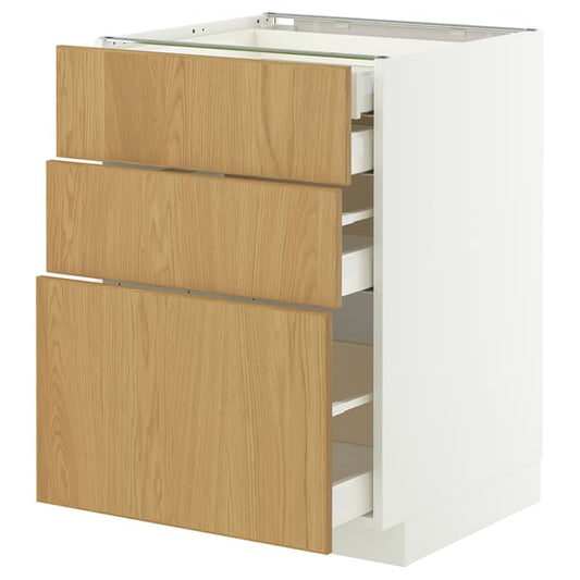 METOD / MAXIMERA mob 3front/2casset bas/1med/1alt, white/Sinarp oak veneer, 60x60 cm