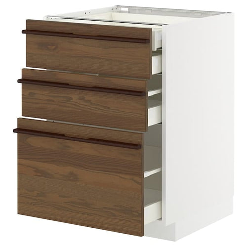 METOD / MAXIMERA base cb 3 frnts/2 low/1 md/1 hi drw, white/Stensta dark brown ash veneer, 60x60 cm