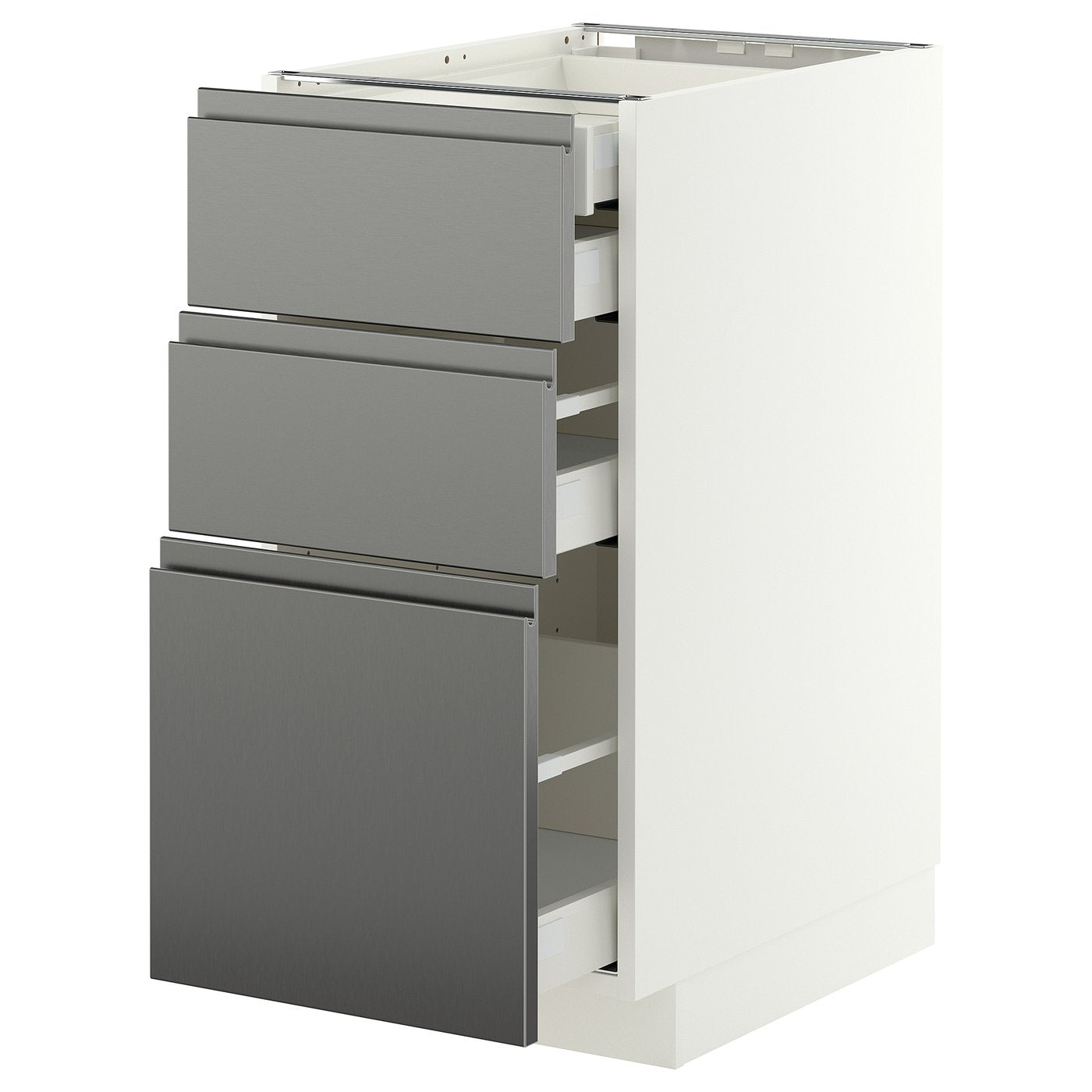 METOD / MAXIMERA base cb 3 frnts/2 low/1 md/1 hi drw, white/Voxtorp stainless steel effect, 40x60 cm