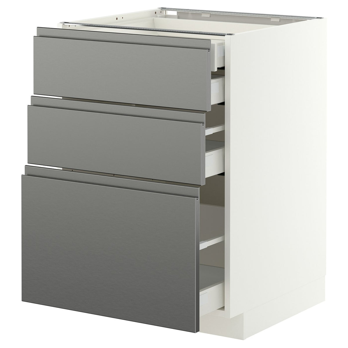 METOD / MAXIMERA base cb 3 frnts/2 low/1 md/1 hi drw, white/Voxtorp stainless steel effect, 60x60 cm