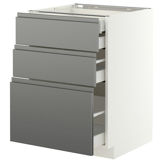 METOD / MAXIMERA base cb 3 frnts/2 low/1 md/1 hi drw, white/Voxtorp stainless steel effect, 60x60 cm