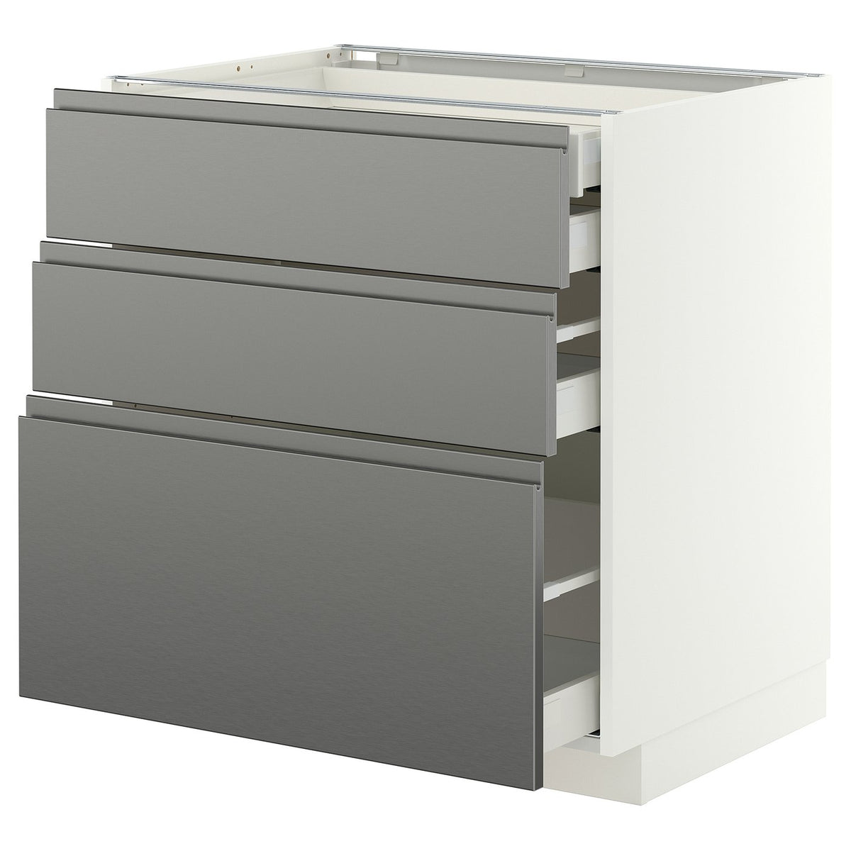 METOD / MAXIMERA base cb 3 frnts/2 low/1 md/1 hi drw, white/Voxtorp stainless steel effect, 80x60 cm
