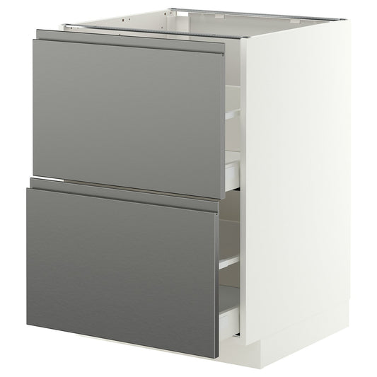 METOD / MAXIMERA base cb 2 fronts/2 high drawers, white/Voxtorp stainless steel effect, 60x60 cm