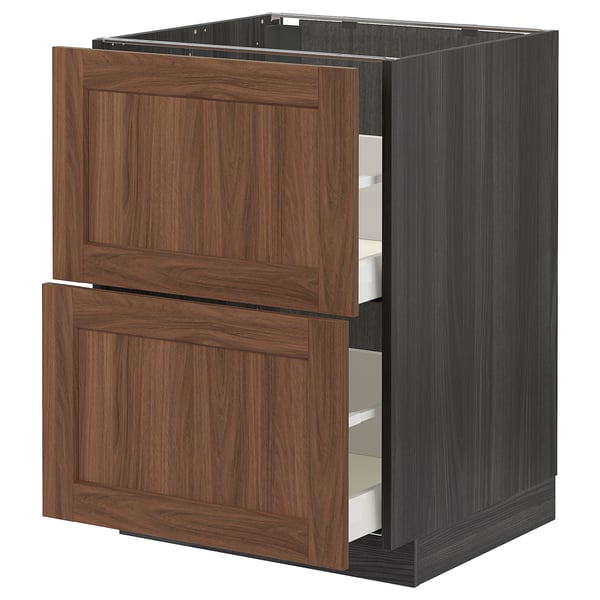 METOD / MAXIMERA base cb 2 fronts/2 high drawers, black Enköping/brown walnut effect, 60x60 cm