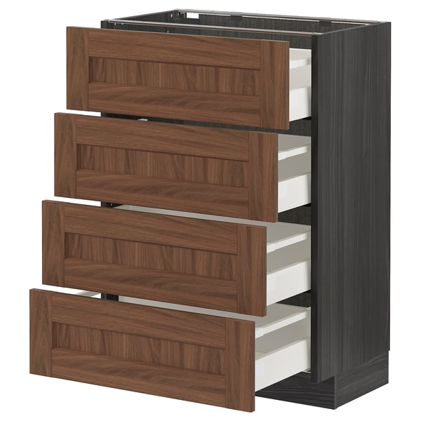 METOD / MAXIMERA base cab 4 frnts/4 drawers, black Enköping/brown walnut effect, 60x37 cm