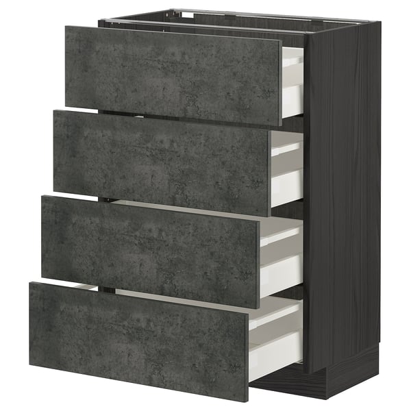 METOD / MAXIMERA base cab 4 frnts/4 drawers, black/Kalhyttan dark grey concrete effect, 60x37 cm