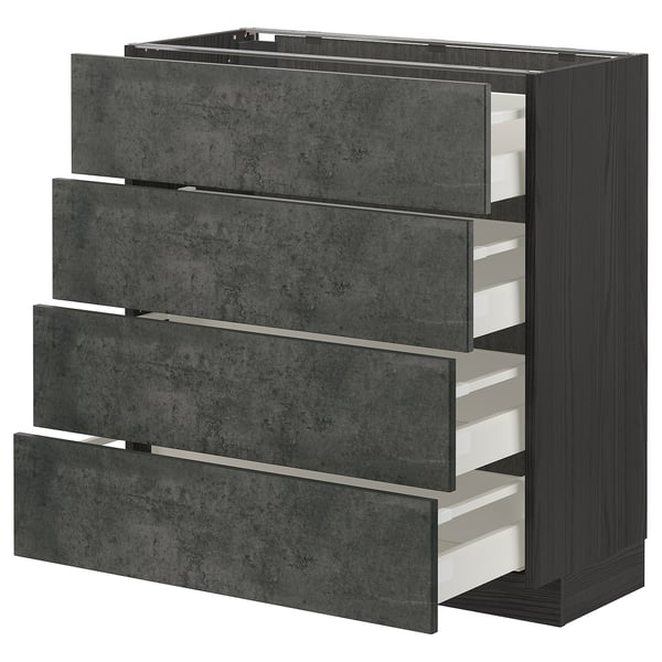 METOD / MAXIMERA base cab 4 frnts/4 drawers, black/Kalhyttan dark grey concrete effect