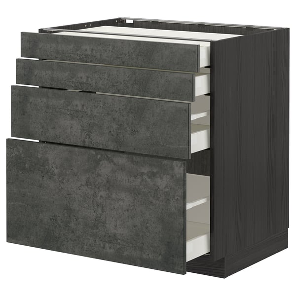 METOD / MAXIMERA base cab 4 frnts/4 drawers, black/Kalhyttan dark grey concrete effect, 80x60 cm