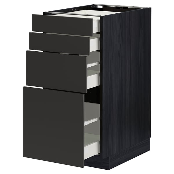 METOD / MAXIMERA base cab 4 frnts/4 drawers, black/Nickebo matt anthracite, 40.0x80.0x60.0 cm