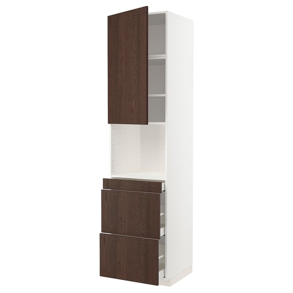METOD / MAXIMERA hi cab f micro combi w door/3 drwrs, white/Sinarp brown, 60x60x240 cm