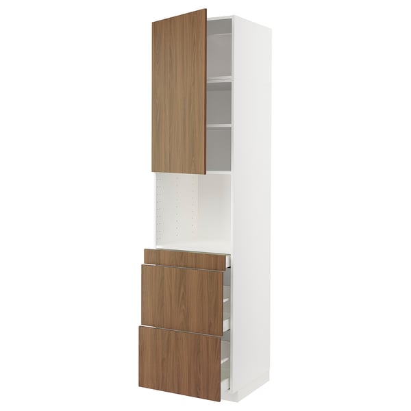 METOD / MAXIMERA hi cab f micro combi w door/3 drwrs, white/Tistorp brown walnut effect, 60x60x240 cm